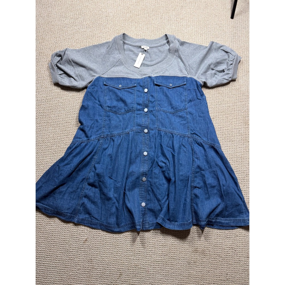 Pilcro Mixed Media Denim Mini Dress Grey Blue Puff Sleeve Button Front XL NEW
